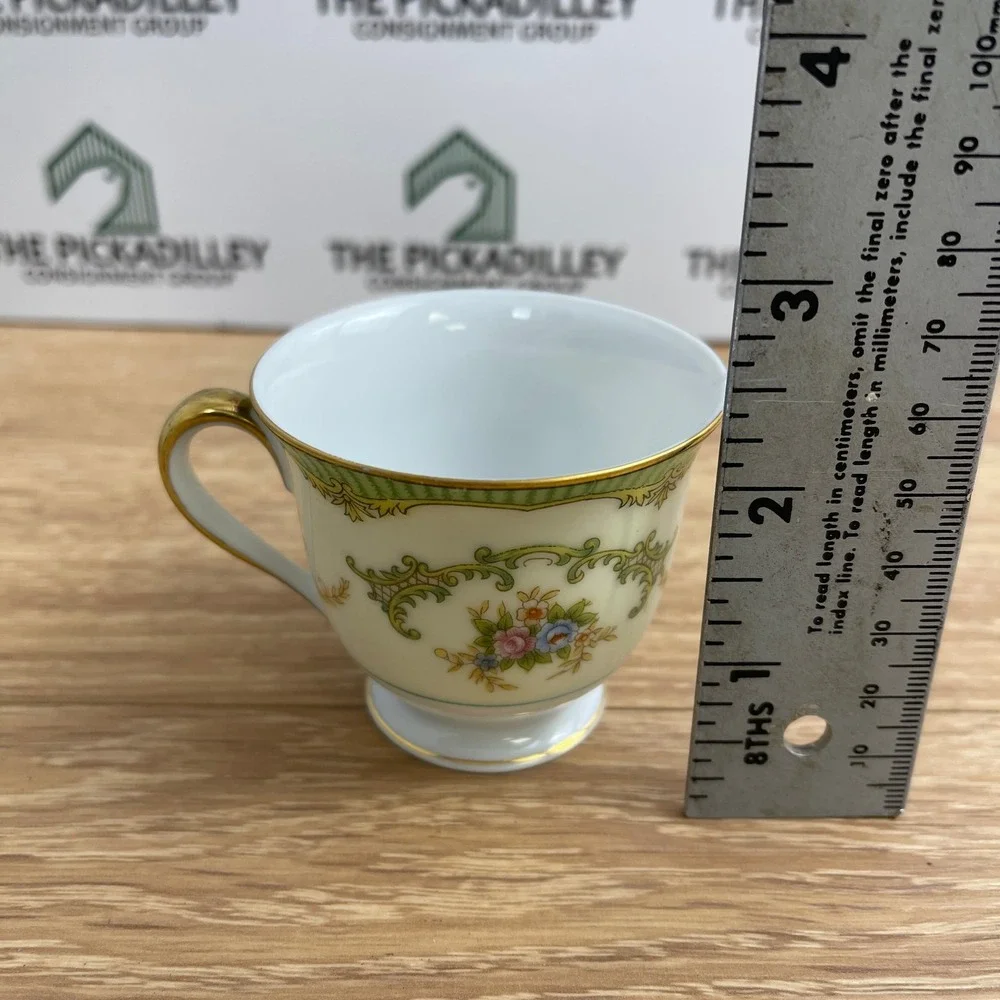 Noritake Marlene Demitasse Cup and Saucer Set Green Lattice Floral Gold Japan